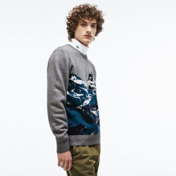 Lacoste Crew Neck Alpine Print Wool And Cotton Jacquard Sweater Pánské - Svetr Šedé / Zelene / Blank